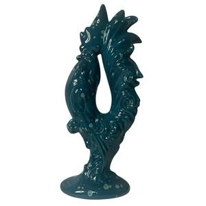 Vintage Teal Ceramic Rooster MCM Retro Country Farmhouse Hand Painted Signed